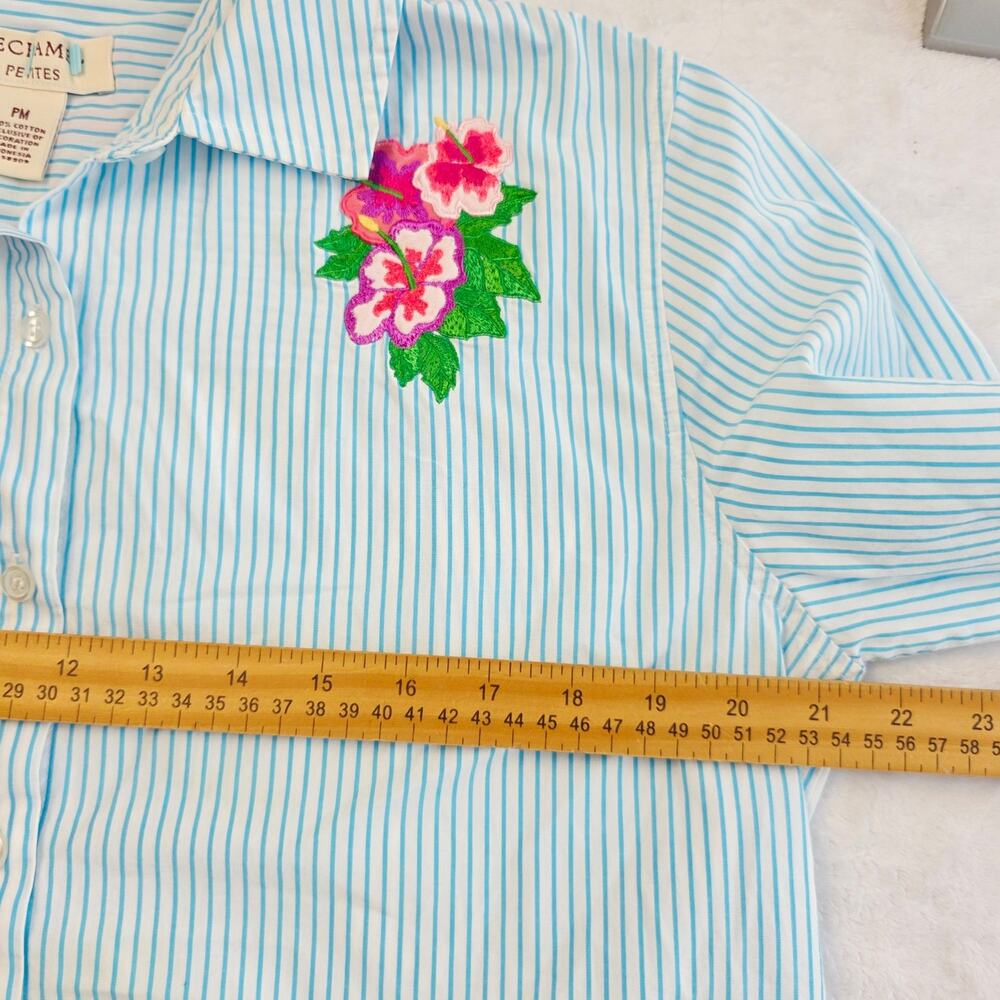 Bechamel Petite Blouse Button Up Medium Blue Stripe Flamingo Embroidery Tropical - Picture 10 of 11